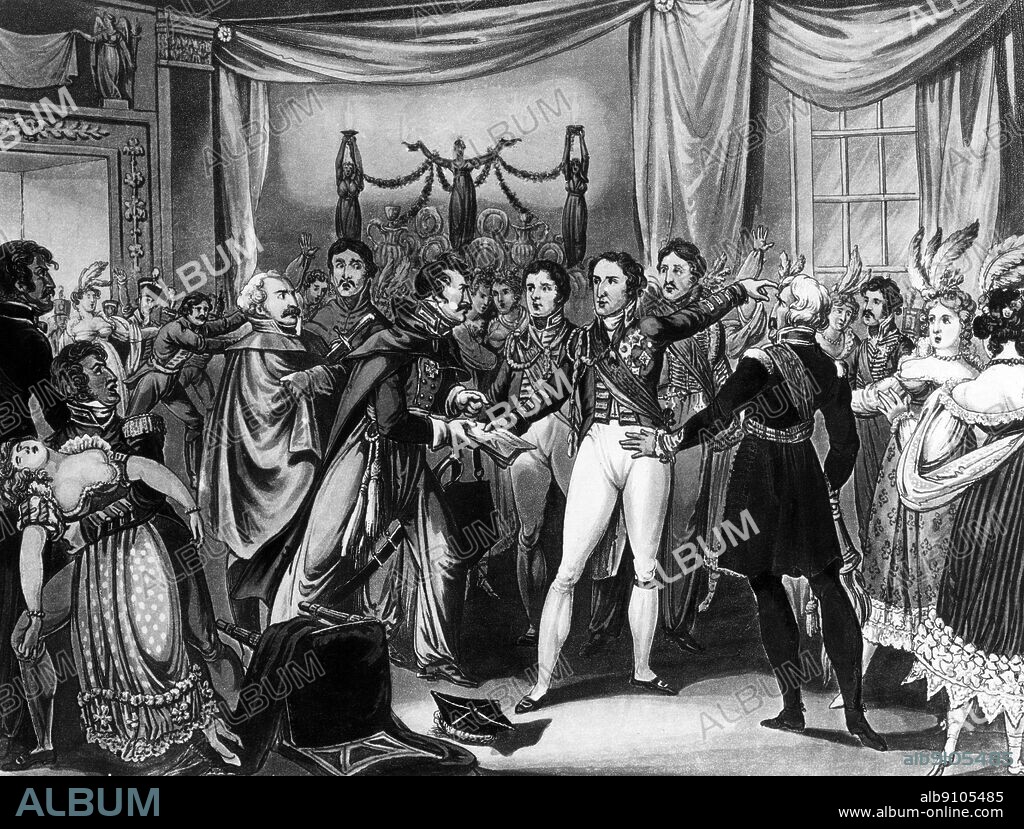 The Duchess of Richmond's Ball or Intelligence of the Battle of Ligny from the book Wellington Victories, c.1815, drawn and etched by W. Heath aquatinted by J. C. Stadler - in The British Museum, London (Print Room) (J. R. Freeman). ©TopFoto.