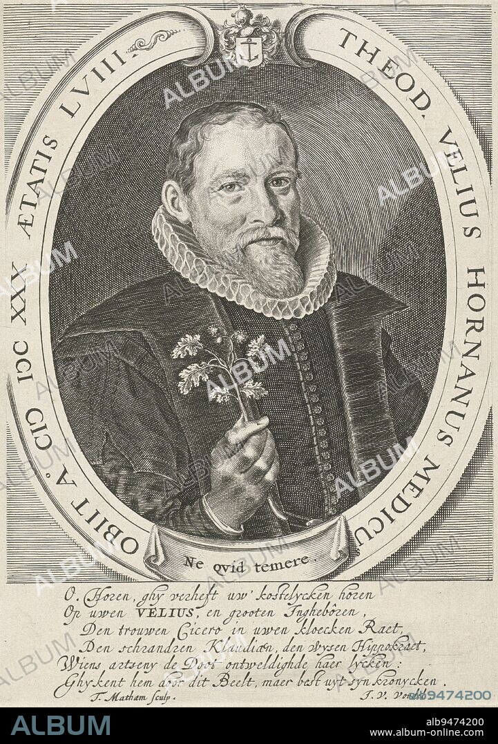 Portrait of the Hoorn poet and historian Theodorus Velius, Portrait of Theodorus Velius, print maker: Theodor Matham, (mentioned on object), Joost van den Vondel, (mentioned on object), Northern Netherlands, 1630 - 1676, paper, engraving, h 188 mm × w 134 mm.