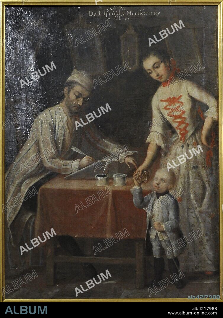Título: Castas. De español y morisca, albino. Pintura al óleo. Autor: Andrés de Islas (siglo XVIII). 1774. Género: "Pintura de Castas". Virreinato de Nueva España. Escuela Mexicana, México. Museo de América. Madrid.