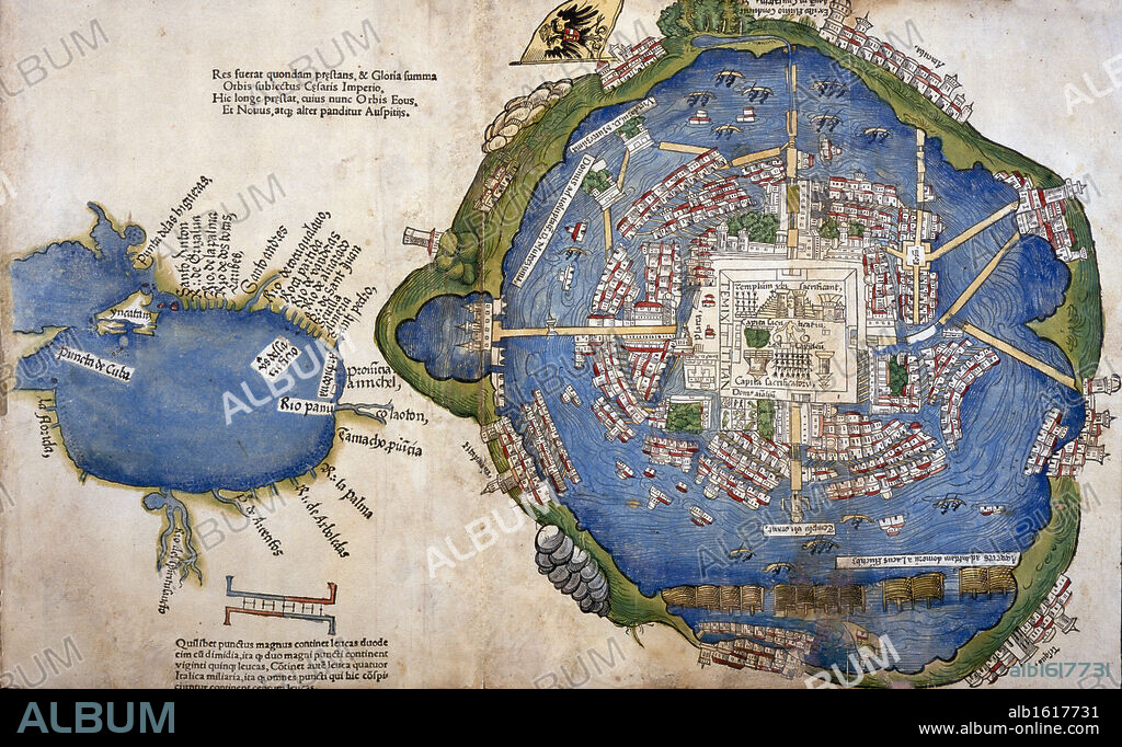 Map of Temixtitan (Tenochtitlan)  From "Proeclara Ferdinandi Cortessi de Nova Maris Oceani Hyspania Narratio"  "The Clear Narration by Hernan Cortes about the New Spain of the Atlantic Ocean"  Published 1524  Hernando Cortes  Nuremburg  Newberry Library, Chicago.
