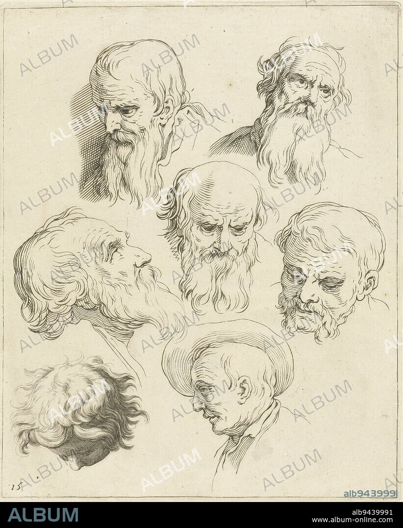 Seven heads of old and young men, most with beards, one man with hat, Detail study of men's heads The drawing book of Abraham Bloemaert , print maker: Frederick Bloemaert, intermediary draughtsman: Abraham Bloemaert, Utrecht, c. 1650 - c. 1656, paper, engraving, etching, h 210 mm × w 170 mm.