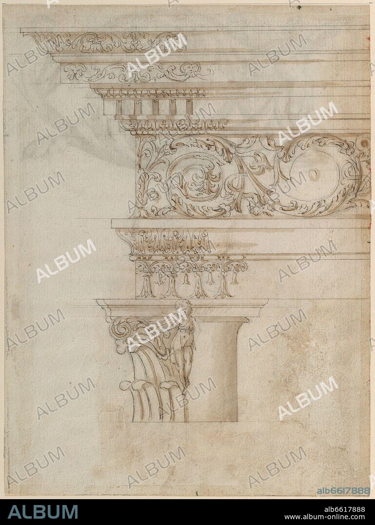 GIOVANNI BATTISTA MONTANO (1545-1621). CAPITEL Y ENTABLAMENTO DE ORDEN CORINTIO - 1590-1610 - DIBUJO A PLUMA DE AVE SOBRE PAPEL VERJURADO.