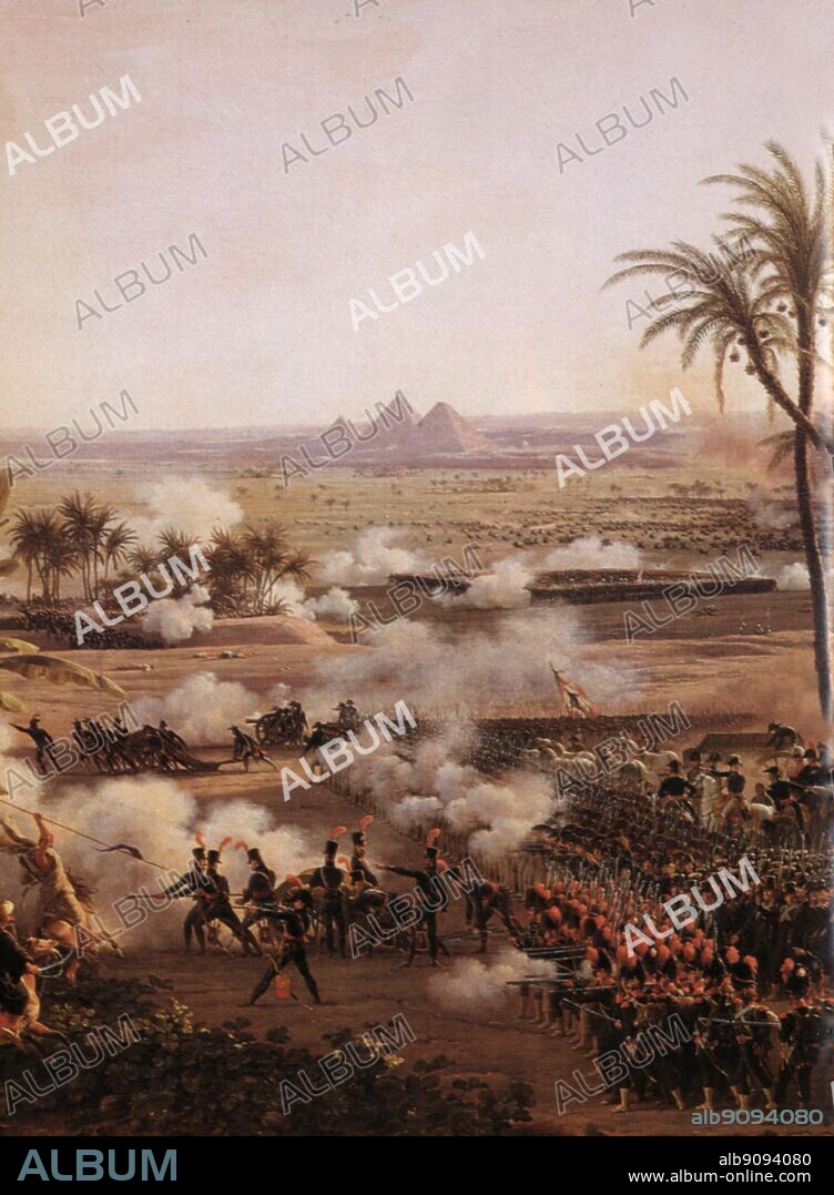 Battle of the Pyramids, 21 July 1798, when the French army, deployed in divisional squares, routed the Mameluke horsemen. Painting by Louis-François, baron Lejeune (1775-1848), a French general, painter, and lithographer..  Napolean's first major battle against the Mamelukes, there was a clash between a modern European Army and a medieval Middle Eastern Army. The French losses amounted to about 300 while estimated Egyptian losses were around 4,000 - 6,000. Bonaparte by Correlli Barnet, page 65.