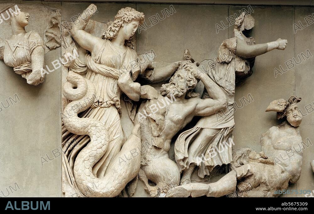 Mythology / Moirae. Hellenistic, c. 180 B. C. Zeus Altar of Pergamon. Battle of the Gods and Titans: two Moirae striking down two Titans with sword and spear. North frieze, detail. Berlin, Pergamon-Museum.