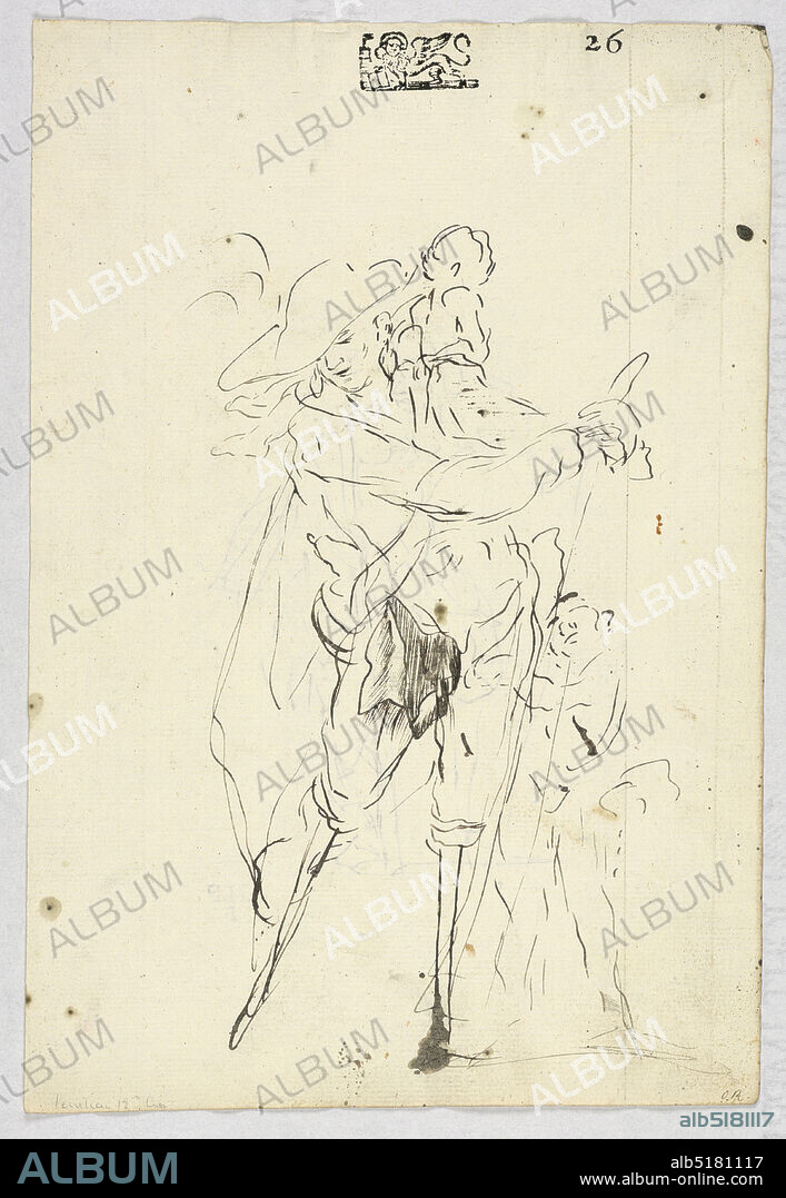 Sketches of Peg-Legged Men, Pen and ink, Vertical rectangle. Recto: Sketch of a standing man with two peg-legs, with a child on his shoulders and another beside him. Verso: Sketch of a standing man with one peg-leg, leaning on a crutch., Venice, Italy, 174050, figures, Drawing, Drawing.
