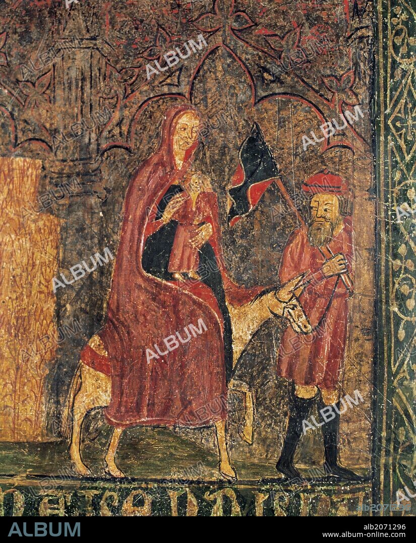 ARTE GOTICO. ESPAÑA. "FRONTAL DE TORDESILLAS". Pintura románica al temple sobre madera. Procede del Convento de Santa Clara de Tordesillas (Valladolid). Detalle de LA HUIDA A EGIPTO. Museo Diocesano de Barcelona. Cataluña.