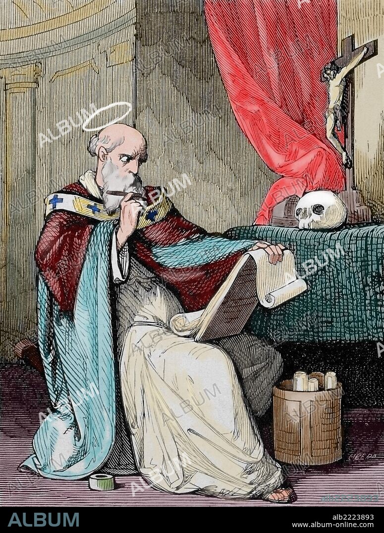 Saint Justus or Saint Justus of Urgell (dead 540). First Bishop of Urgell. Participated in the Third Council of Toledo (589). Engraving by Cibera "Cristiano Year", 1851. Colored.
