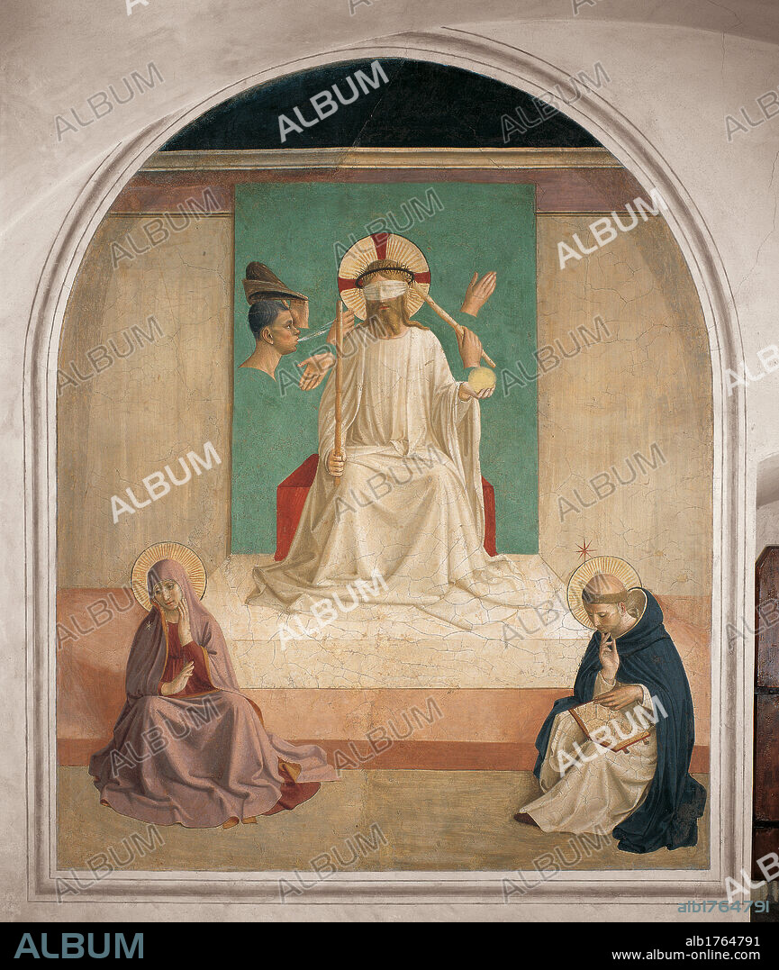 Christ Mocked, by Guido di Pietro (or Piero) known as Beato Angelico, 1438-1446 about, 15th Century, fresco, cm 188 x 164. Italy, Tuscany, Florence, San Marco Convent, cell 7. All. Jesus Christ blindfolded stick sphere crown of thorns aureole man spit hat Virgin Mary Dominican friar hands passion. Authorization required for non editorial use.