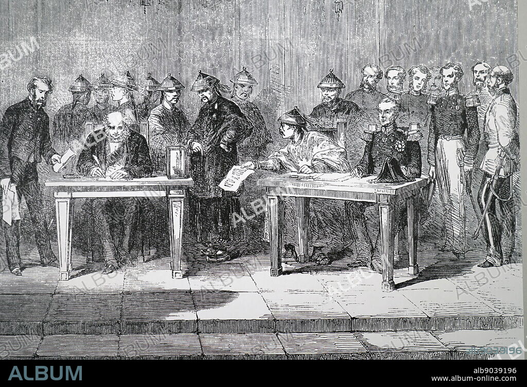 An engraving depicting Lord Elgin signing the Treaty of Tianjin which brought to a formal end to the Second Opium War. Dated 19th century.