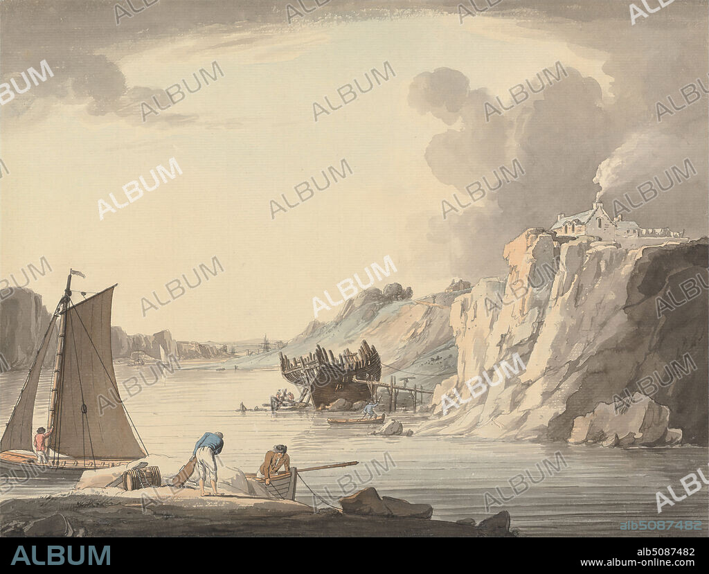 Entrance to Stonehouse Creek, between Plymouth and Dock, Devon, William Payne, active 1850s, British, undated, Watercolor, pen and black ink, and graphite on medium, slightly textured, cream laid paper, Sheet: 10 1/2 x 14 3/8in. (26.7 x 36.5cm), Sheet: 10 3/8 × 13 5/8 inches (26.4 × 34.6 cm), and Mount: 10 3/4 × 14 1/4 inches (27.3 × 36.2 cm).