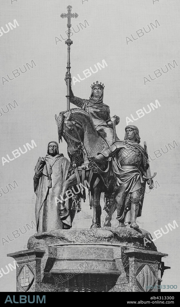 Isabel I de Castilla (1451-1504). Reina de Castilla (1474-1504). Esposa de Fernando II de Aragón. Grabado representando el monumento a Isabel la Católica erigido en Madrid, inaugurado a finales de noviembre de 1883. Se trata de un grupo escultórico fundido en bronce por Alessandro Nelli (1842-posterior a 1897), a partir del modelo diseñado por el escultor Manuel Oms (1842-1889). Isabel aparece cabalgando sobre un corcel, alzando en la mano derecha la cruz románica de la Reconquista. Las otras dos figuras que completan el grupo son, el cardenal Pedro González de Mendoza (1428-1495) y Gonzalo Fernández de Córdoba (1453-1515), conocido como el Gran Capitán. La Ilustración Española y Americana, 8 de enero de 1884.