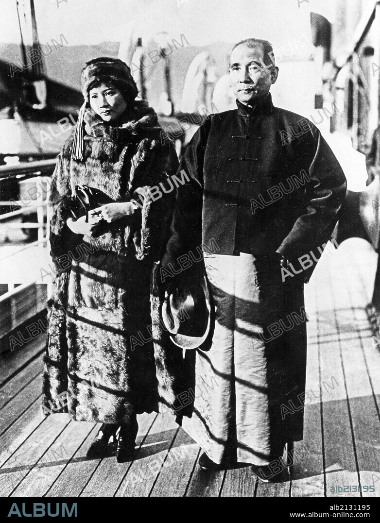 Dr. Sun Yat-sen with his second wife, Soong Ching-ling, during a journey by ship from Canton to Peking in the Winter of 1924. (Photo by: Sovfoto/UIG via Getty Images).
