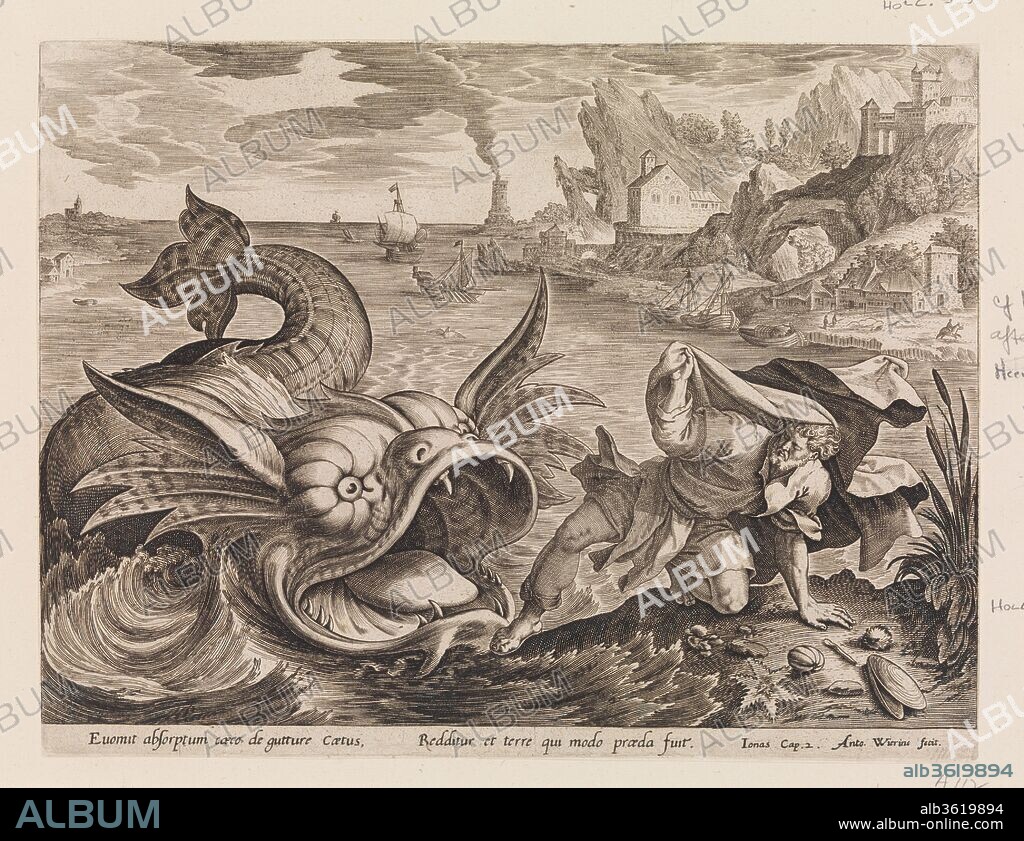 AFTER MAERTEN DE VOS, HIERONYMUS (JEROME) WIERIX and ANTONIUS WIERIX II. Jonah Cast on Shore by the Fish. Artist: after Maerten de Vos (Netherlandish, Antwerp 1532-1603 Antwerp); Hieronymus (Jerome) Wierix (Netherlandish, ca. 1553-1619 Antwerp); Antonius Wierix, II (Netherlandish, Antwerp 1555/59-1604 Antwerp). Dimensions: Sheet: 7 1/2 × 9 13/16 in. (19.1 × 25 cm). Date: ca. 1585.