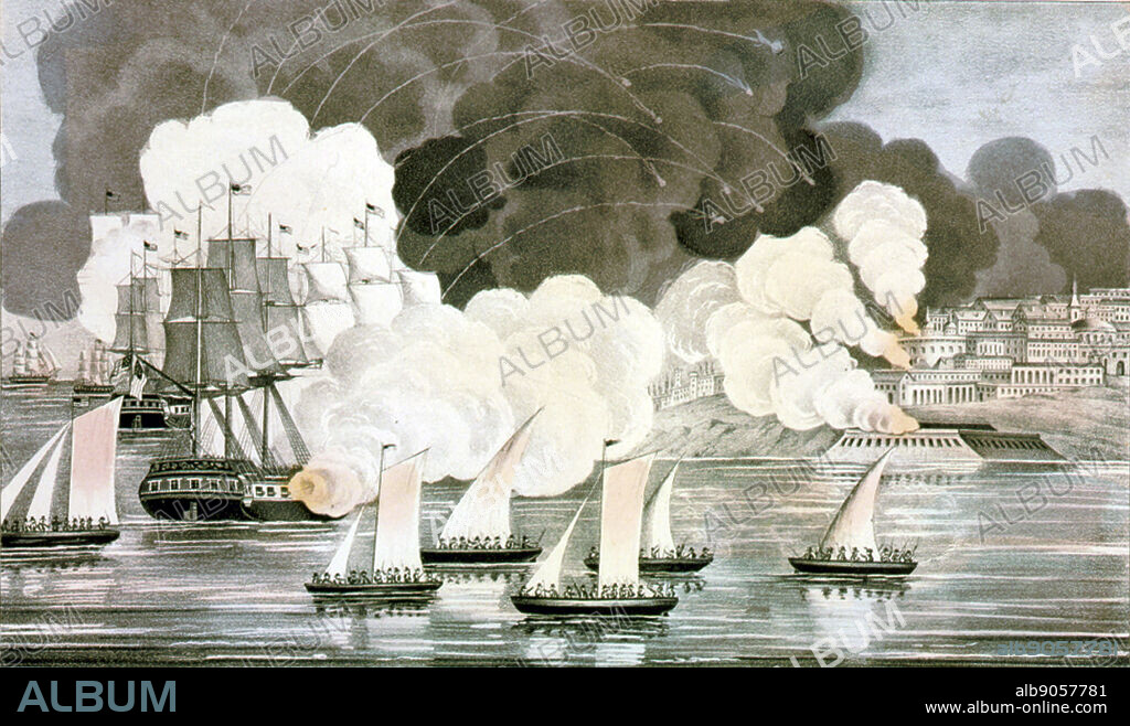 Bombardment of Tripoli 1805. Lithograph by Currier & Ives. 18460101. Tripolitan War, 1801-1805.