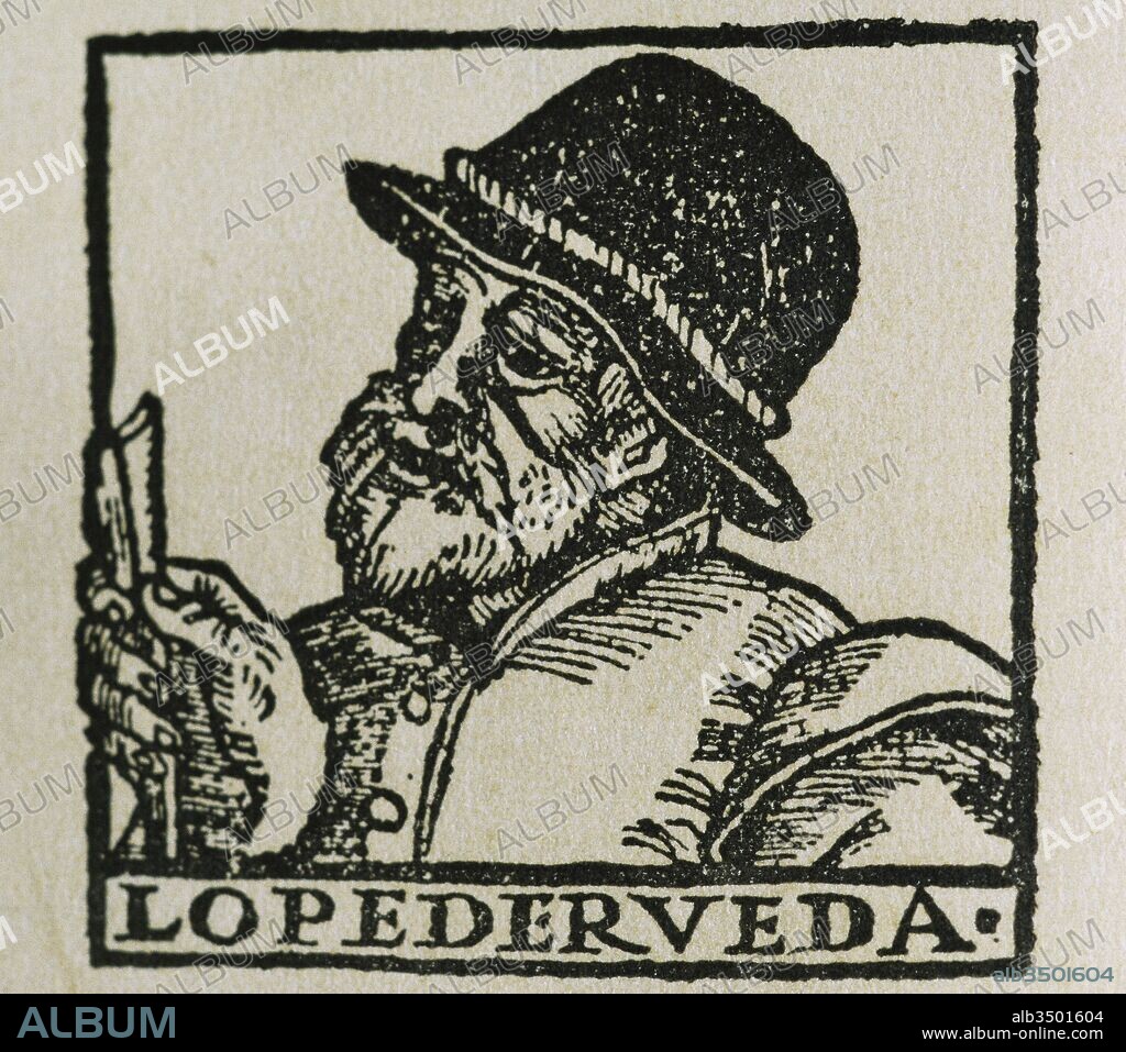 Lope de Rueda (Sevilla, 1510-Córdoba, 1565). Poeta, escritor y autor español. Formó una compañía de comediantes en la que fué autor, director y actor. La primera actuación data de 1534 en Toledo. Fué amigo de Cervantes. Grabado con el retrato de Lope de Rueda, perteneciente a la portada de "El Deleitoso, año 1557.