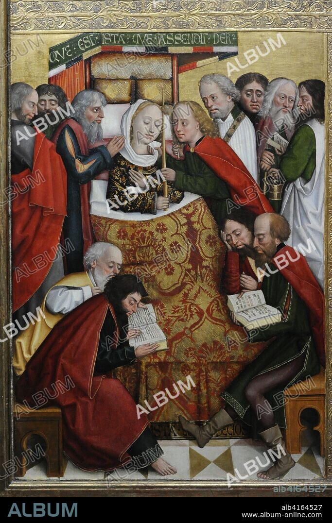 Absolon Stumme (activo en Hamburgo 1486-1499). Escenas de la vida de la Virgen y la infancia de Jesús. Detalle de la Muerte de la Virgen. Alas de un Retablo de la Catedral de Hamburgo, 1499. Gótico tardío. Museo Nacional de Varsovia. Polonia.
