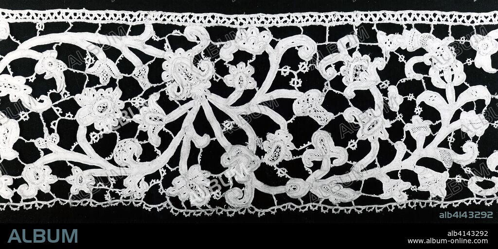 Border. Europe. Date: 1775-1800. Dimensions: 9.8 × 63.6 cm (3 7/8 × 25 in.)
Heading height: .8 cm (1/4 in.)
Lower edge height: .5 cm (1/4 in.). Linen, needle lace with woven tapes. Origin: Europe.