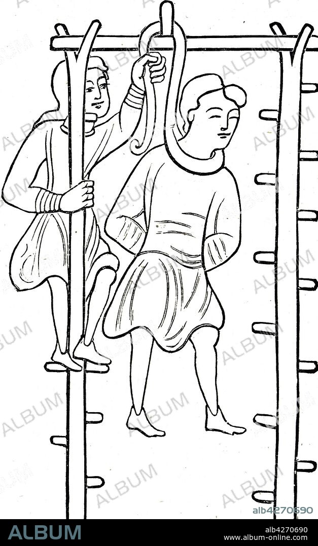 Woodblock engraving depicting a criminal being executed by hanging. Dated 16th century.