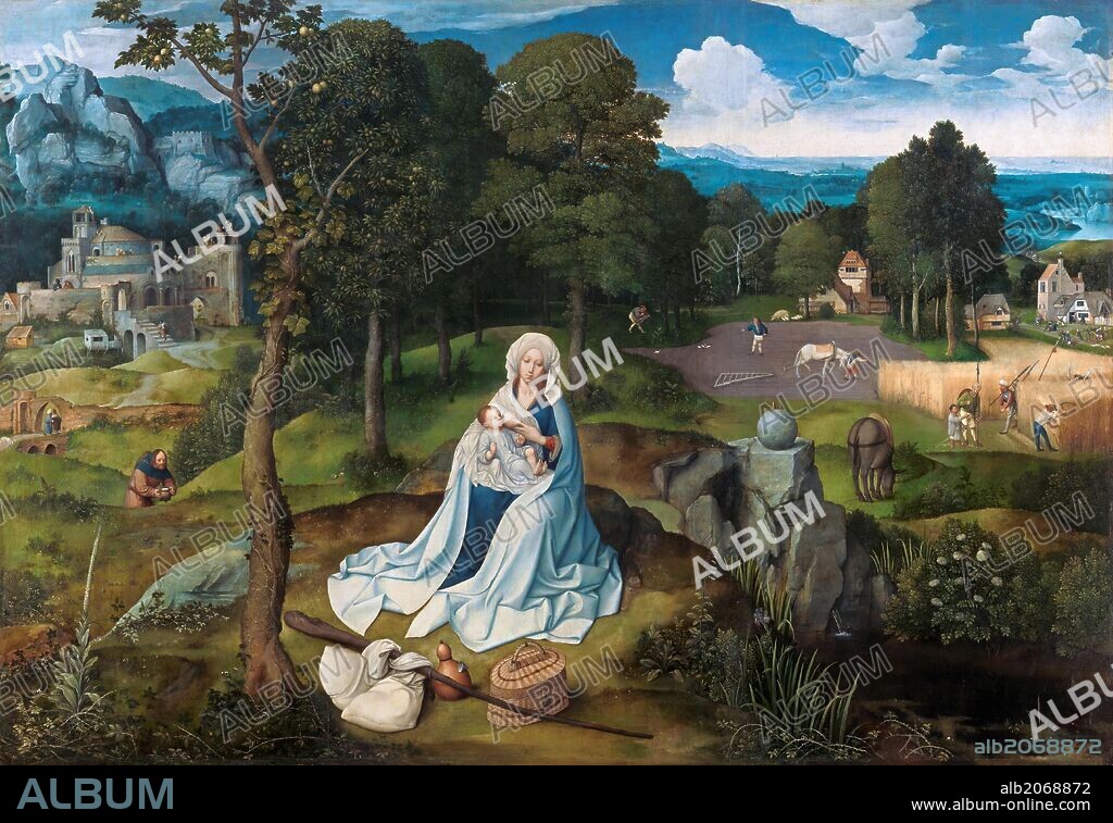 Joachim Patinir / 'Descanso en la Huida a Egipto', 1518-1520, Escuela Flamenca, Óleo sobre Tabla, 121 cm x 177 cm, P01611.