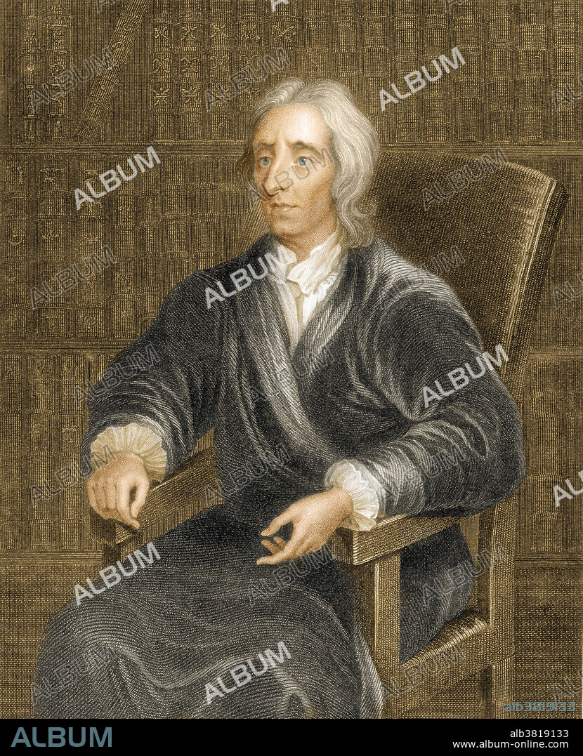 John Locke in 1704, in an engraving by H. Robinson from the original 1697 painting by Sir Godfrey Kneller (1646-1723), which hangs in a hall of Christ Church, Oxford. Locke (1632-1704) was an English philosopher who spent his early years lecturing at Oxford University, England. He later spent fifteen years in France, where he met most of the leading Continental scientists and thinkers. On his return, Locke published his Essay Concerning Human Understanding (1690). In this, he suggested that a person's mind was a tabula rasa (blank slate) at birth. On this slate, knowledge was imprinted by experience. The essay also argued that the proper basis of knowledge was experiment. In the same year he published his Two Treaties on Civil Government in which he attacked the divine right of kings and the nature of the state. Color-enhanced version of BN6727.