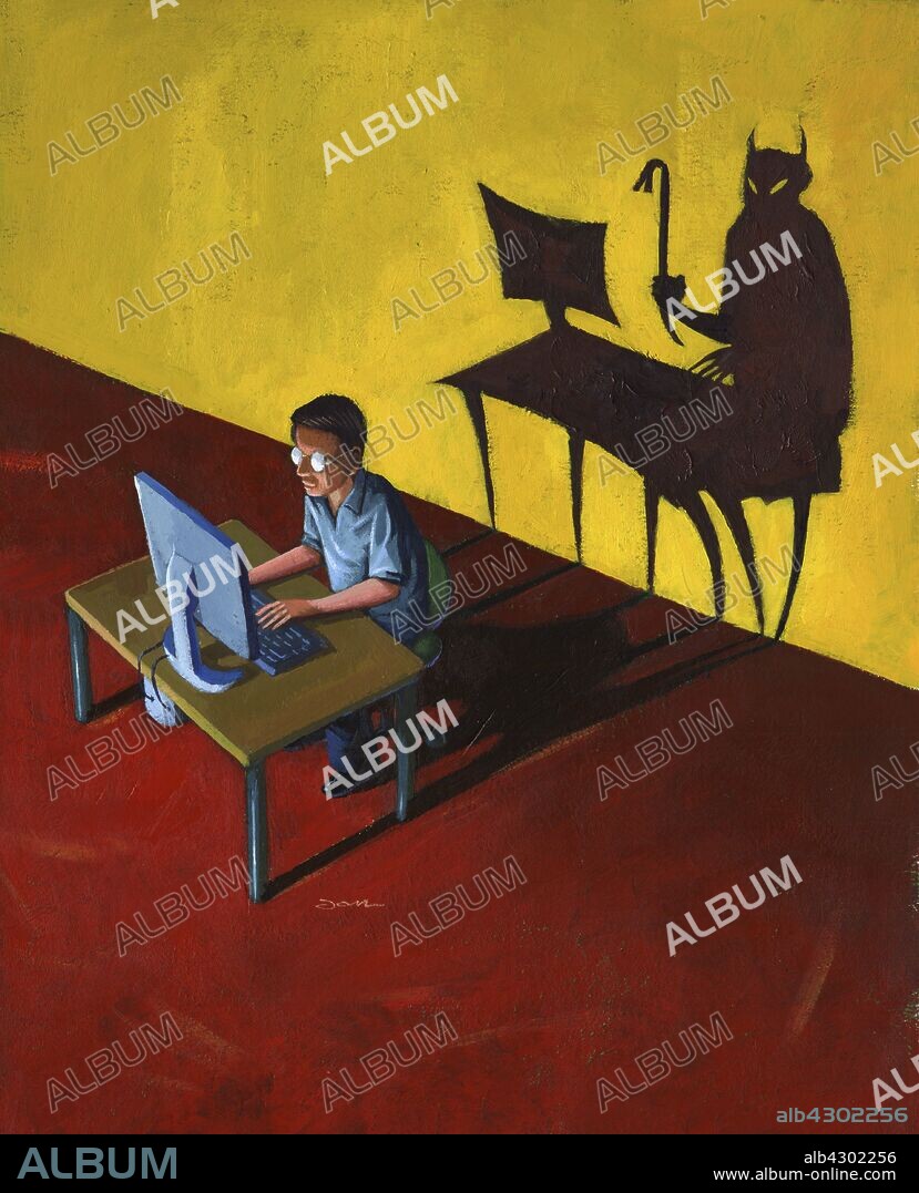 Devil lurking behind man on computer.