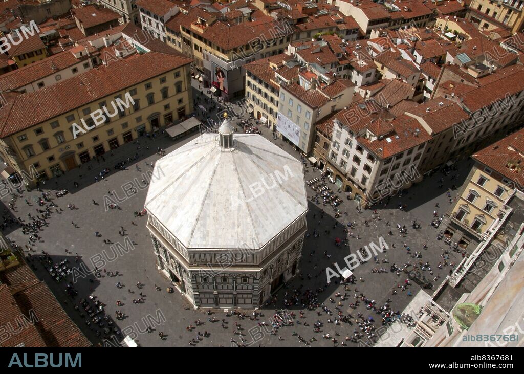 The octagonal Florence Baptistery (<i>Battistero di San Giovanni</i>), also known as the Baptistery of Saint John, is one of the oldest buildings in Florence, constructed between 1059 and 1128 in the Florentine Romanesque style.<br/><br/>. The Baptistry is renowned for its three sets of artistically important bronze doors with relief sculptures. The south doors were created by Andrea Pisano and the north and east doors by Lorenzo Ghiberti. The east doors were dubbed by Michelangelo the Gates of Paradise.<br/><br/>. The Italian poet Dante and many other notable Renaissance figures, including members of the Medici family, were baptized in this baptistry.