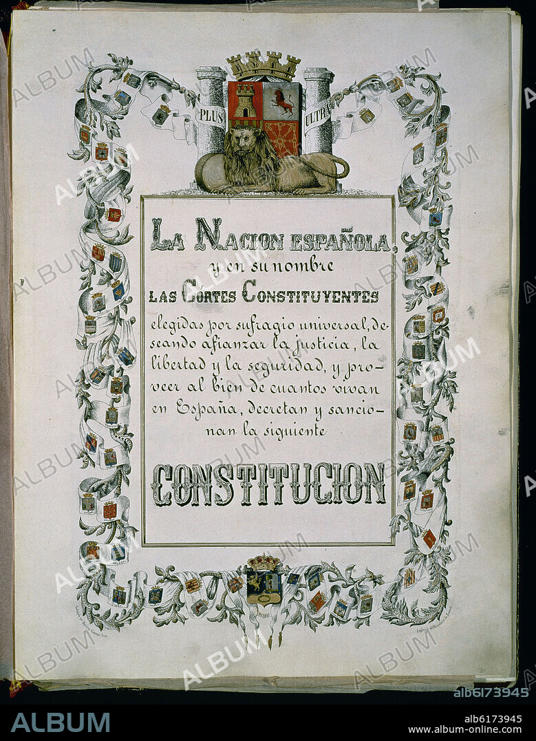 PORTADA DE LA CONSTITUCION DE 1869 - CONSTITUCION QUE MANTENIA LA FORMA MONARQUICA DEL ESTADO Y EL SISTEMA BICAMERAL.