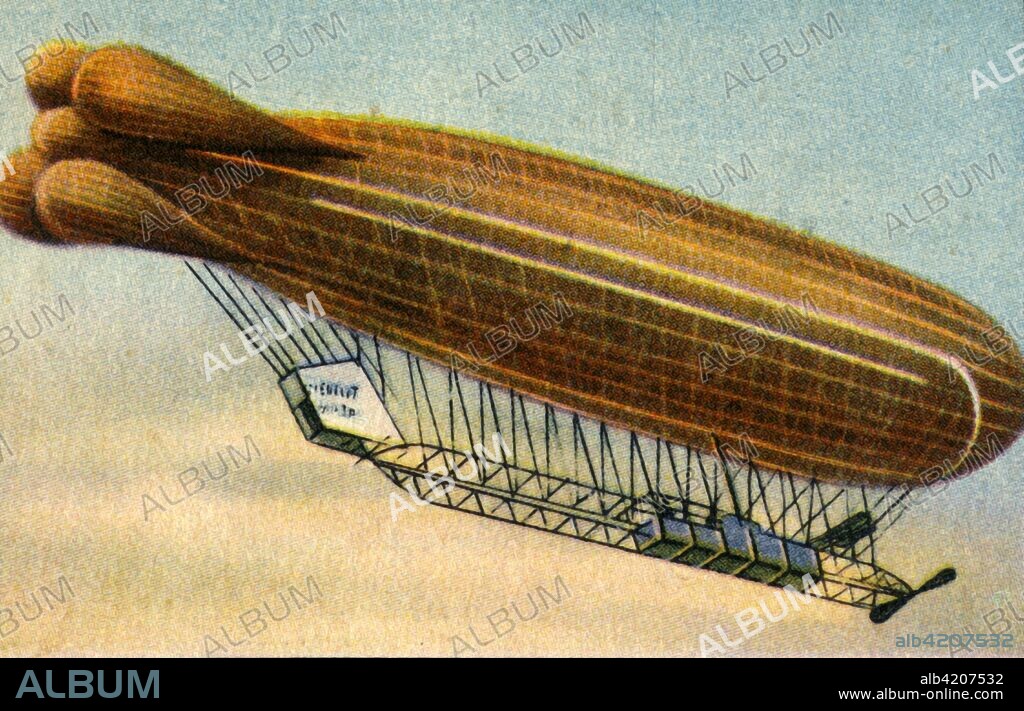 Clément-Bayard No 1 airship, 1908, (1932). French military semi-rigid airship designed by Adolphe Clément-Bayard (1855-1928) and made by Astra Clément-Bayard. The four large lobes at the aft end were designed to provide directional stability. Capacity: 8000 cubic metres. The No 1 later served with the Russian Army under the name Berkut ('Eagle'). From "Die Eroberung Der Luft", (The Conquest of the Air), cigarette card album produced by the Garbáty cigarette factory, 1932. Eugene and Moritz Garbáty, who were Jewish, were driven out of business by the Nazis in the late 1930s, and forced to sell their factory which lay empty for over 70 years. [Garbaty Cigarettenfabrik, Berlin-Pankow, 1932].