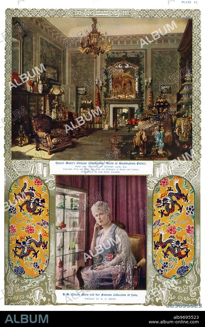 (top) Queen Mary's Chinese Chippendale Room at Buckingham Palace, from the painting by Richard Jack, R.A. (bottom) Queen Mary and her famous collection of jade - portrait by E. O. Hoppe. Mary of Teck (Victoria Mary Augusta Louise Olga Pauline Claudine Agnes; 26 May 1867 - 24 March 1953) was the Queen Consort of George V. Queen Mary was also the Empress of India. Before her accession, she was successively Duchess of York, Duchess of Cornwall and Princess of Wales. By birth, she was a princess of Teck, in the Kingdom of Württemberg, with the style Her Serene Highness. To her family, she was informally known as May, after her birth month. ©TopFoto.