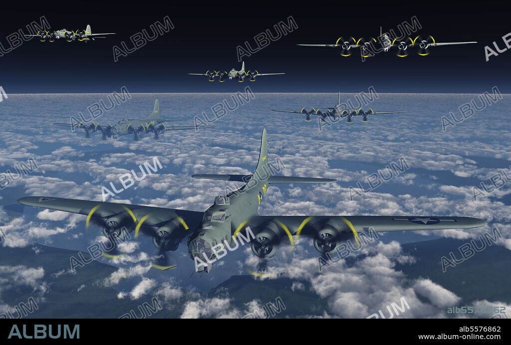 American B-17 Flying Fortress bombers flying In Formation on a mission over Nazi Germany during World War II.