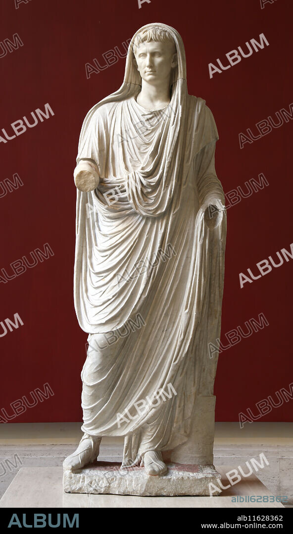 Via Labicana Augustus. Sculpture of the Roman Emperor Augustus (63BC-14AD) as Pontifex Maximus. 12BC. National Museum of Rome. Massimo Palace. Rome. Italy.
