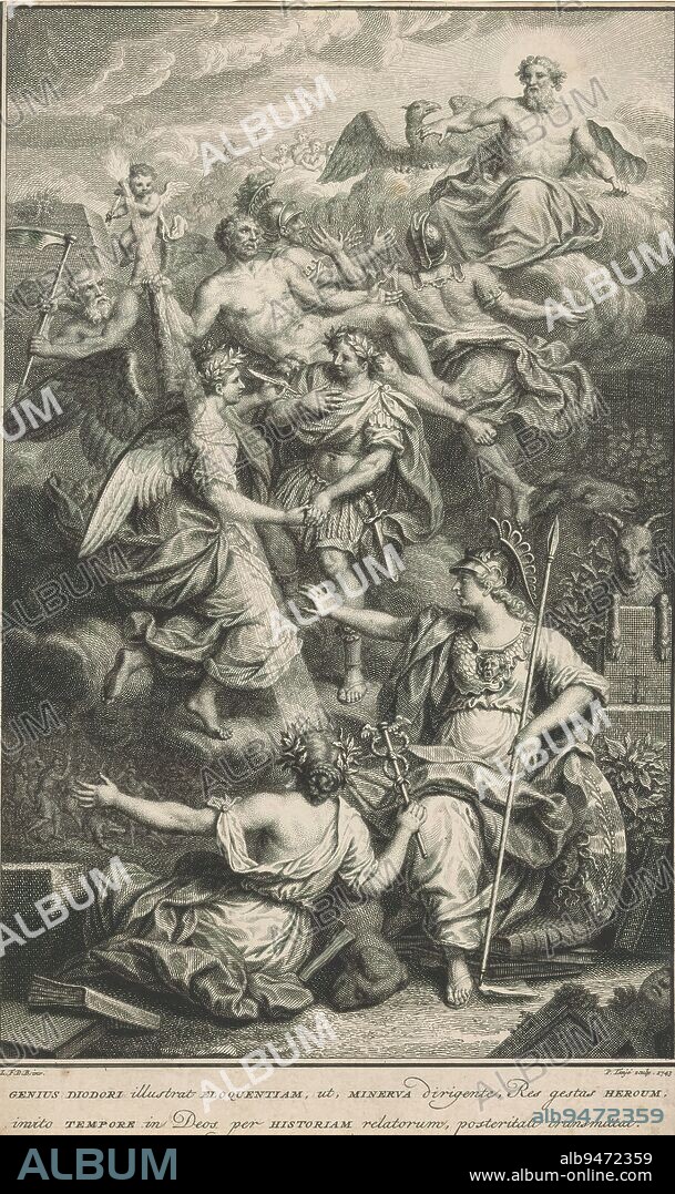 Apotheosis of heroes under the reign of Minerva, Allegorical representation depicting that under the reign of the goddess of wisdom Minerva, eloquence and heroism flourish. In the foreground Minerva sits on a pile of books, holding her spear. Next to her a woman seen from behind, perhaps a muse, holds the caduceus. On the clouds, heroes climb to the Olympus, where Jupiter awaits them. Father Time looks on in vain, watching the heroes gain eternal fame. In the lower margin a two-line text., print maker: Pieter Tanjé, (mentioned on object), after design by: Louis Fabritius Dubourg, (mentioned on object), 1743, paper, etching, engraving, height 339 mm × width 204 mm.