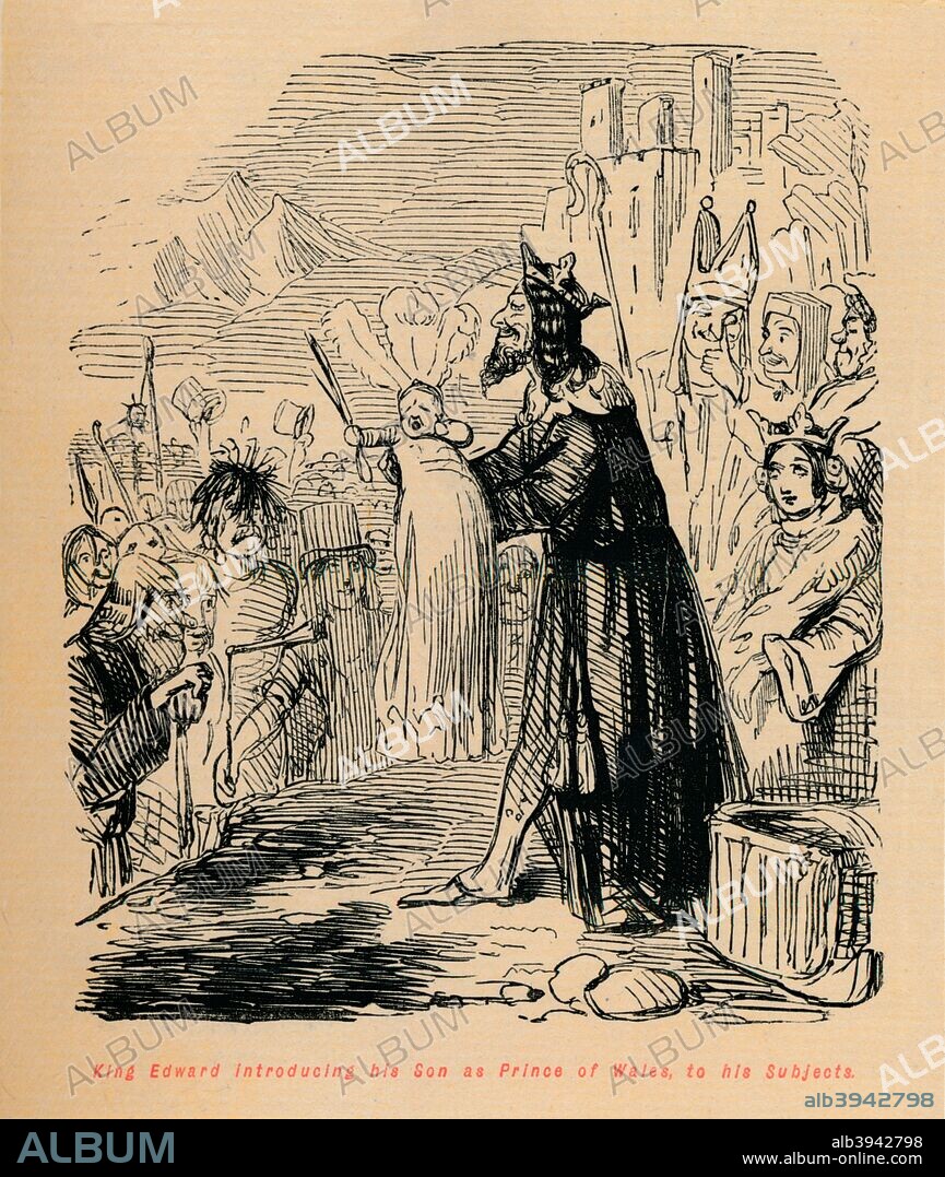 'King Edward introducing his Son as Prince of Wales to his Subjects', c1860, (c1860). King Edward I (1239-1307) introducing his son John (1266-1271) to his subjects. From The Comic History of England, Volume I, by Gilbert A A'Beckett. [Bradbury, Agnew, & Co., London].