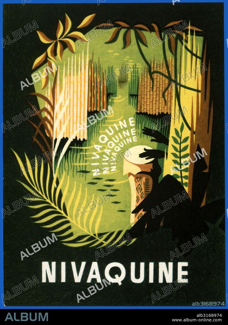 Publicidad farmacéutica. Nivaquine, medicamento para el tratamiento de la malaria y el paludismo. Años 1950.