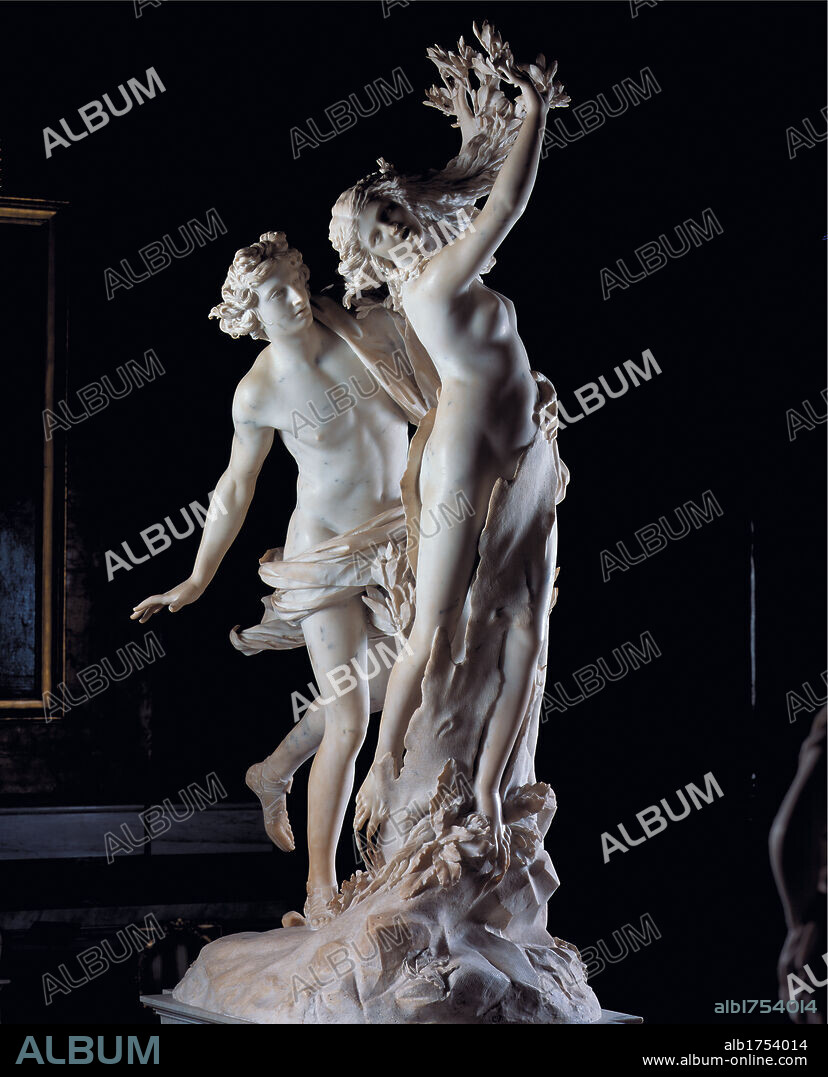 Apollo and Daphne, by Bernini Gian Lorenzo, 1622-1625, 17th Century, marble, full relief. Italy; Lazio; Rome; Borghese Gallery; . All. God Apollo embrace/hug nymph Daphne metamorphosis weeping laurel.