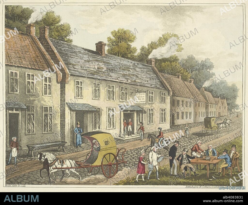JAMES ROUSE and WILLIAM MUDFORD. Head-quarters of the Duke of Wellington, in the village of Waterloo. Here his grace slept on the 17th, and the house is still called Wellington Hotel'. An Historical Account of the Campaign in the Netherlands, in 1815, under His Grace the Duke of Wellington, and Marshal Prince Blucher, comprising the battles of Ligny, Quatrebras, and Waterloo; with a detailed narrative of the political events connected with those memorable conflicts down to the surrender of Paris, and the departure of Bonaparte for St. Helena ... Embellished with ... plates ... from drawings ... by James Rouse. London : Henry Colburn, 1817. Source: 193.e.9 Plate VI - E.