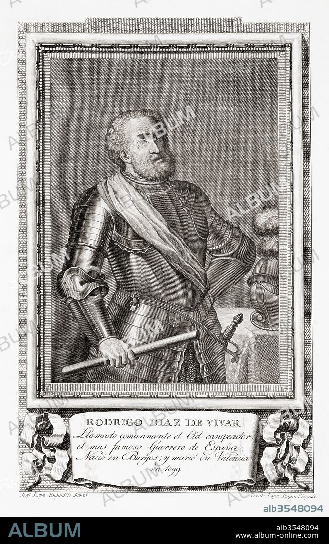 Rodrigo Díaz de Vivar, c.1040 – 1099, aka El Cid, El Campeador or Rodrigo. Castilian nobleman and military leader in medieval Spain. After an etching in Retratos de Los Españoles Ilustres, published Madrid, 1791.
