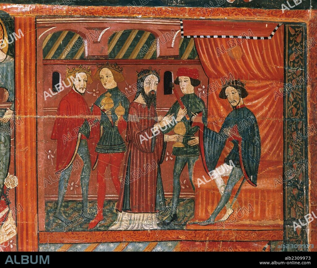 ARTE GOTICO. ESPAÑA. FRONTAL DE LA VIRGEN MARIA "MARE DE DEU". Pintura al temple sobre madera (102 cm x 220 cm). Anónimo procedente de Bellver de la Cerdanya (?). Zona pirenáica. Finales siglo XIV. Representación de LOS TRES REYES MAGOS DE ORIENTE ANTE EL REY HERODES (detalle frontal) Museu Episcopal de Vic. Provincia de Barcelona. Comarca de Osona. Cataluña.