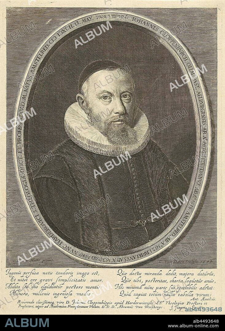 Portrait of Johannes Cloppenburg Iohannes Cloppenburch, Olim ( ...) Amstelred CIC ICXCII 13 may (title on object), Portrait of Johannes Cloppenburg in an oval frame. In the margin under a verse in Latin by Antonius Aemilius., Functionaries and dignitaries (with NAME), episcopal Protestant churches, Johannes Cloppenburg, Cornelis van Dalen (mentioned on object), 1644 and/or 1687 - 1691, paper, engraving, h 324 mm × w 233 mm.