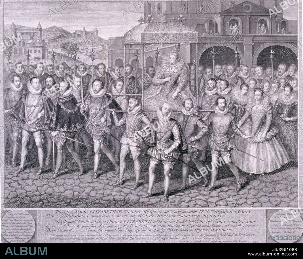 Procession of Queen Elizabeth I to Blackfriars, London, 16 June 1600, (1742).  The queen is being carried by her armed guard and flanked by her courtiers. Spectators are watching the procession from balconies.