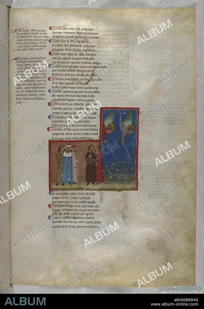 Purgatorio: Dante talks to Nino Visconti and Currado Malaspina while the angels chase the serpent away. Dante Alighieri, Divina Commedia ( The Divine Comedy ), with a commentary in Latin. 1st half of the 14th century. Source: Egerton 943, f.77. Language: Italian, Latin.