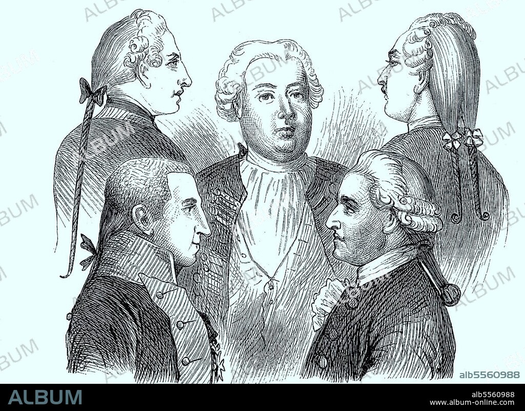 Zopftrachten der Männer, in der Mitte König Friedrich Wilhelm I. Erfinder des Zopf, Historisch, digital restaurierte Reproduktion einer Originalvorlage aus dem 19. Jahrhundert, genaues Originaldatum nicht bekannt.