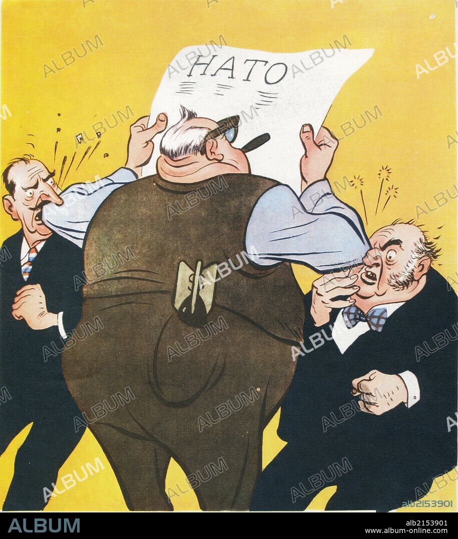 Elbowed out', britain and france elbowed out of leadership role in nato by the us, anti-us propaganda cartoon by boris yefimov published in soviet magazine krokodil, ussr, 1962.
