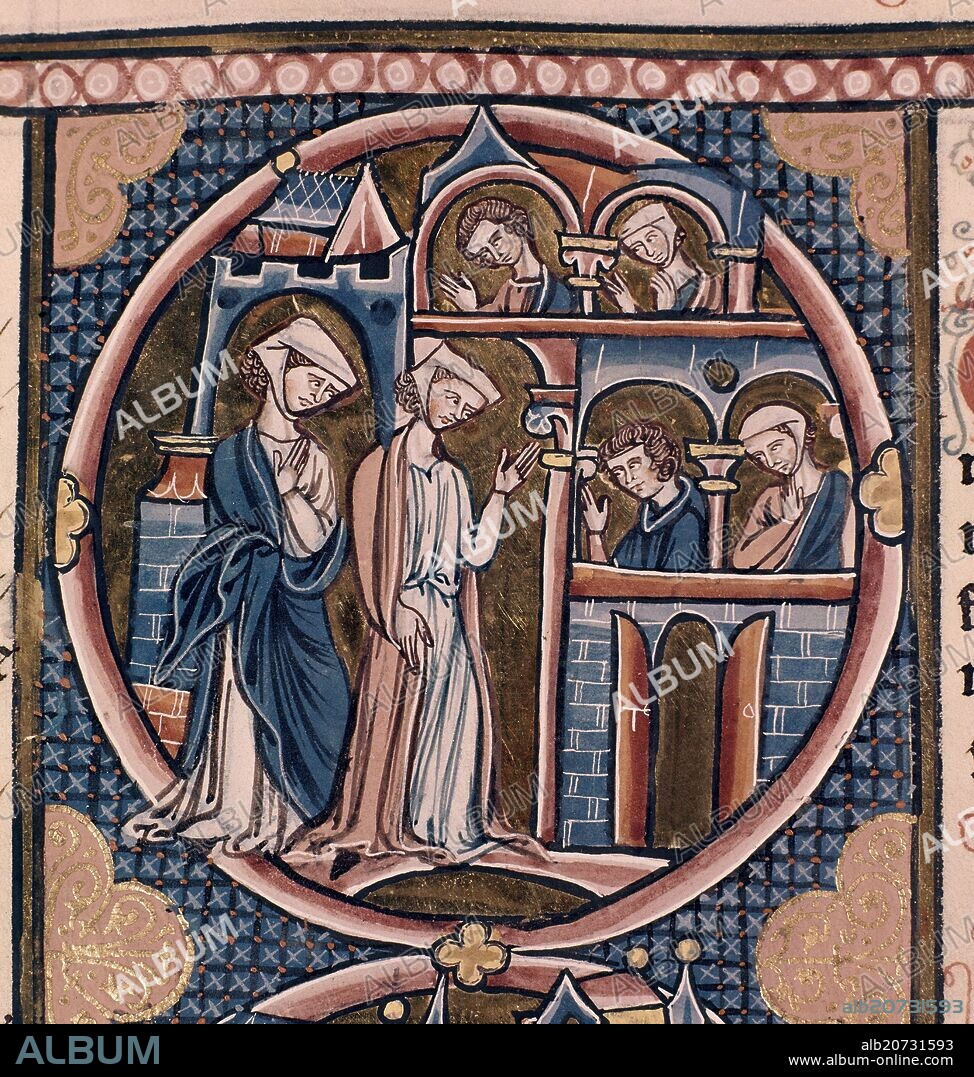 BIBLIA DE SAN LUIS DE FRANCIA-1226/34- RUTH Y NOEMI ENTRAN EN LA CIUDAD DE BELEN-MINIATURA GOTICA.