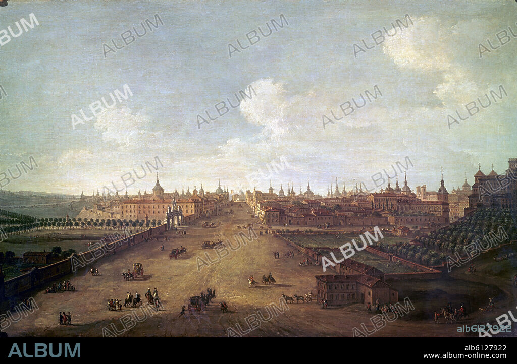 ANTONIO JOLI (1700-1777). VISTA DE LA CALLE DE ATOCHA DESDE EL LLAMADO PRADO DE ATOCHA, A LA DERECHA EL RETIRO Y A LA IZQUIERDA LA MURALLA DE MADRID Y LA PUERTA DE ATOCHA.