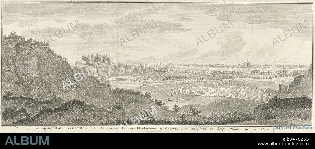 View of Haarlem and Overveen, seen from the dunes. In the foreground right people are working in a meadow where linen is being bleached, Gezicht op Haarlem en Overveen Gezigt op de stad Haarlem, en de linnen- en gaaren-bleekeryen te Overveen, te zien van de hooge duinen agter de Kleever Laan , print maker: Jan Caspar Philips, (mentioned on object), intermediary draughtsman: Jan de Beijer, (mentioned on object), publisher: Isaak Tirion, (mentioned on object), Amsterdam, 1750, paper, etching, h 174 mm × w 410 mm.