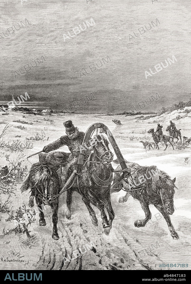 Russian sledging and coursing in the 19th century.  Coursing was the pursuit of game using mainly dogs.  From London Pictures, published 1890.