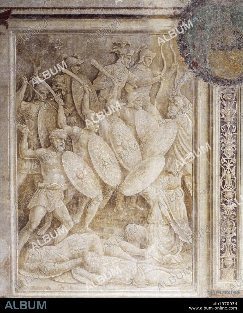 Battle of Tapae, scene from the cycle on Trajan's Column, 1511-1513, by Baldassare Peruzzi (1481-1536), fresco by the Bishop of Ostia. Conquest of Dacia, 2nd century.
