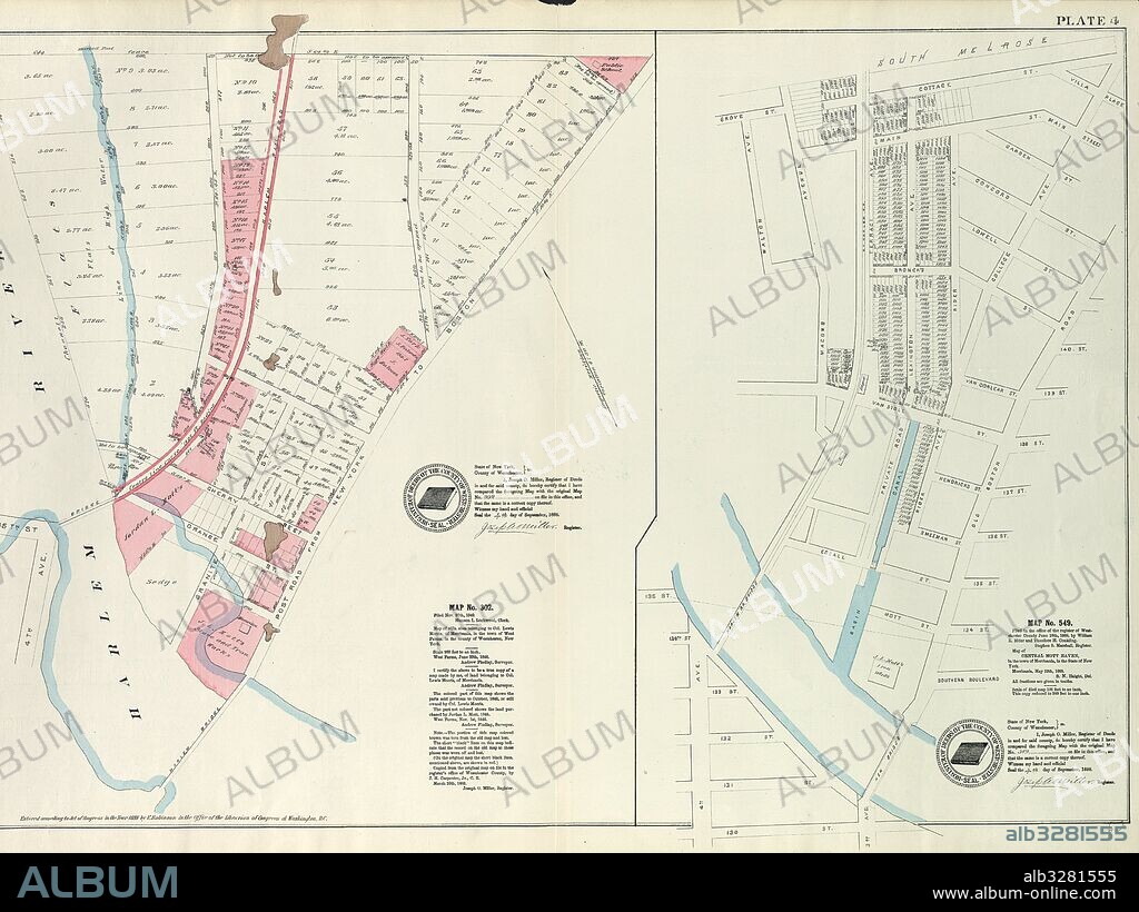 Plate 4: Map No. 302 Bounded by Harlem River, 149th Street and Post Road from New York to Boston.- Map No. 549 Bounded by Grove St., Cottage St., Villa Place, Old Boston Road, 130th Street, 4th Avenue, Macomb Avenue and Walton Avenue.