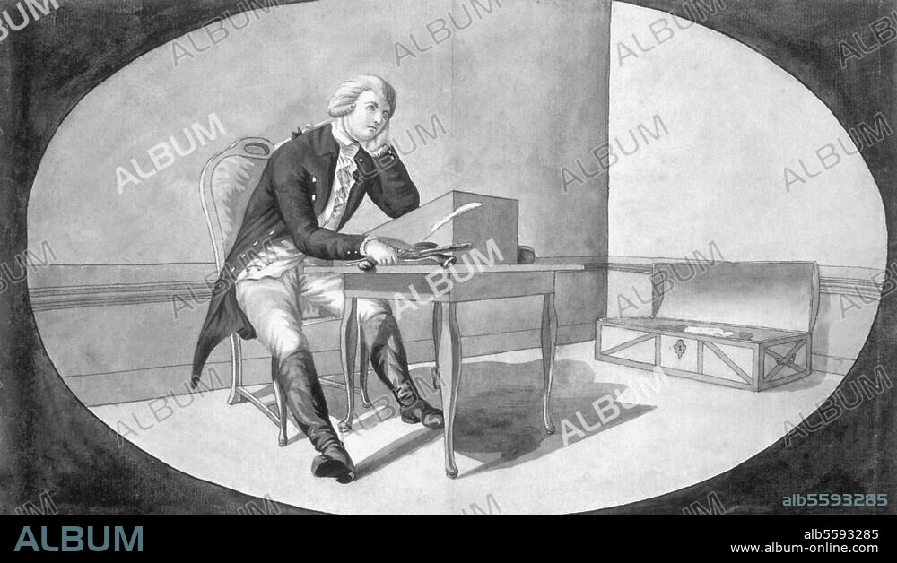 Goethe, Johann Wolfgang von. German author; Frankfurt 28.8.1749 - Weimar 22.3.1832. Works: 'Die Leiden des jungen Werthers'. (Sorrows of Young Werther), 1774. Werther at his desk, holding a pistol in his hand. Contemporary watercolour, anonymous. Düsseldorf, Goethe-Museum.